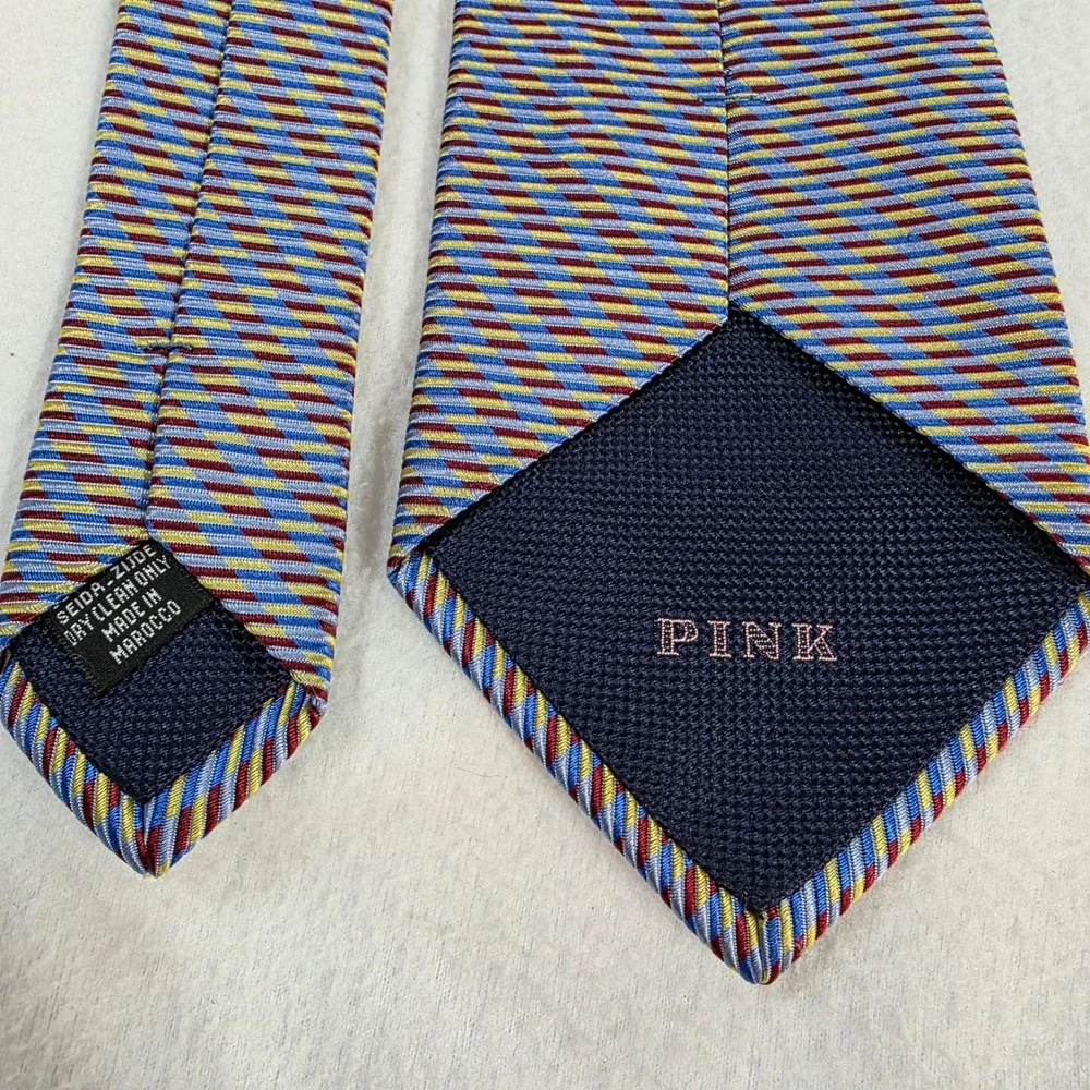 Thomas Pink Mens Silk Tie Blue Gold Burgundy Diagonal Stripe Made in Morocco